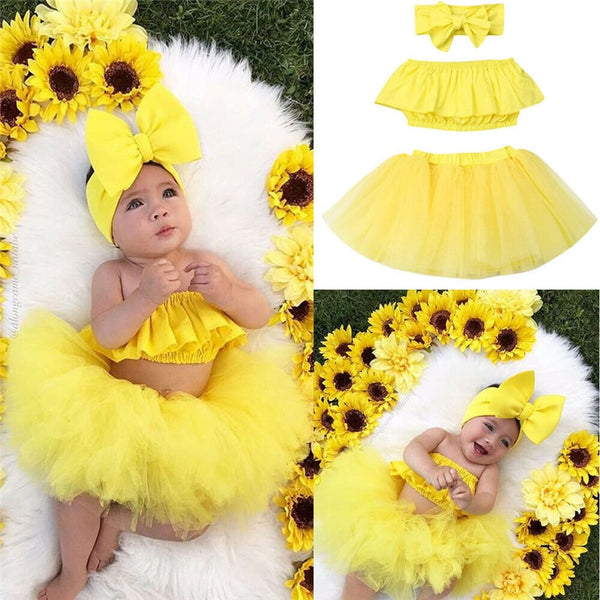 2019 Summer Kids Baby Girl Clothes Sets 3Pcs Cute Ruffle Strapless Crop Tops+Tulle Skirt Ball Gown+Headband Girl Outfits 0-24M