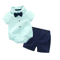 Summer Baby Boy Rompers Set Short Sleeve Striped Jumpsuits+Shorts Gentleman Bow Tie