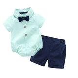 Summer Baby Boy Rompers Set Short Sleeve Striped Jumpsuits+Shorts Gentleman Bow Tie