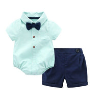Summer Baby Boy Rompers Set Short Sleeve Striped Jumpsuits+Shorts Gentleman Bow Tie