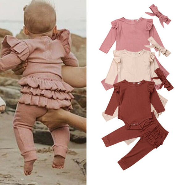 3PCS Newborn  Baby Girl Clothes Outfit Long Sleeve Solid Knitting Romper Top Ruffle Long Pants Trousers Headband 3 Pieces Set