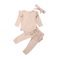 3PCS Newborn  Baby Girl Clothes Outfit Long Sleeve Solid Knitting Romper Top Ruffle Long Pants Trousers Headband 3 Pieces Set