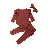 3PCS Newborn  Baby Girl Clothes Outfit Long Sleeve Solid Knitting Romper Top Ruffle Long Pants Trousers Headband 3 Pieces Set