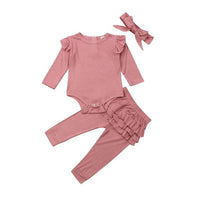 3PCS Newborn  Baby Girl Clothes Outfit Long Sleeve Solid Knitting Romper Top Ruffle Long Pants Trousers Headband 3 Pieces Set