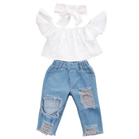 Kids Baby Girls Clothes Set Off Shoulder Solid White Short Sleeve T-shirt Tops Holes Pants Summer Cotton Girl Outfits