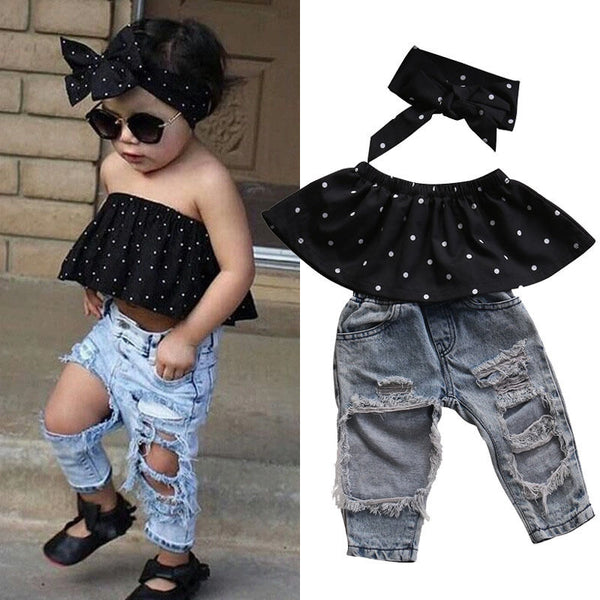 2019 Summer Fashion Toddler Baby Girls Clothes Dot Sleeveless 3pcs Tops+Hole Jeans Outfits Casual Clothes 0-3Yrs