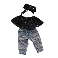 2019 Summer Fashion Toddler Baby Girls Clothes Dot Sleeveless 3pcs Tops+Hole Jeans Outfits Casual Clothes 0-3Yrs