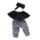 2019 Summer Fashion Toddler Baby Girls Clothes Dot Sleeveless 3pcs Tops+Hole Jeans Outfits Casual Clothes 0-3Yrs